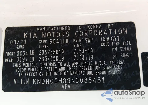 2022 Kia Carnival Mpv Ex z USA, uszkodzony, nr VIN KNDNC5H39N6085451